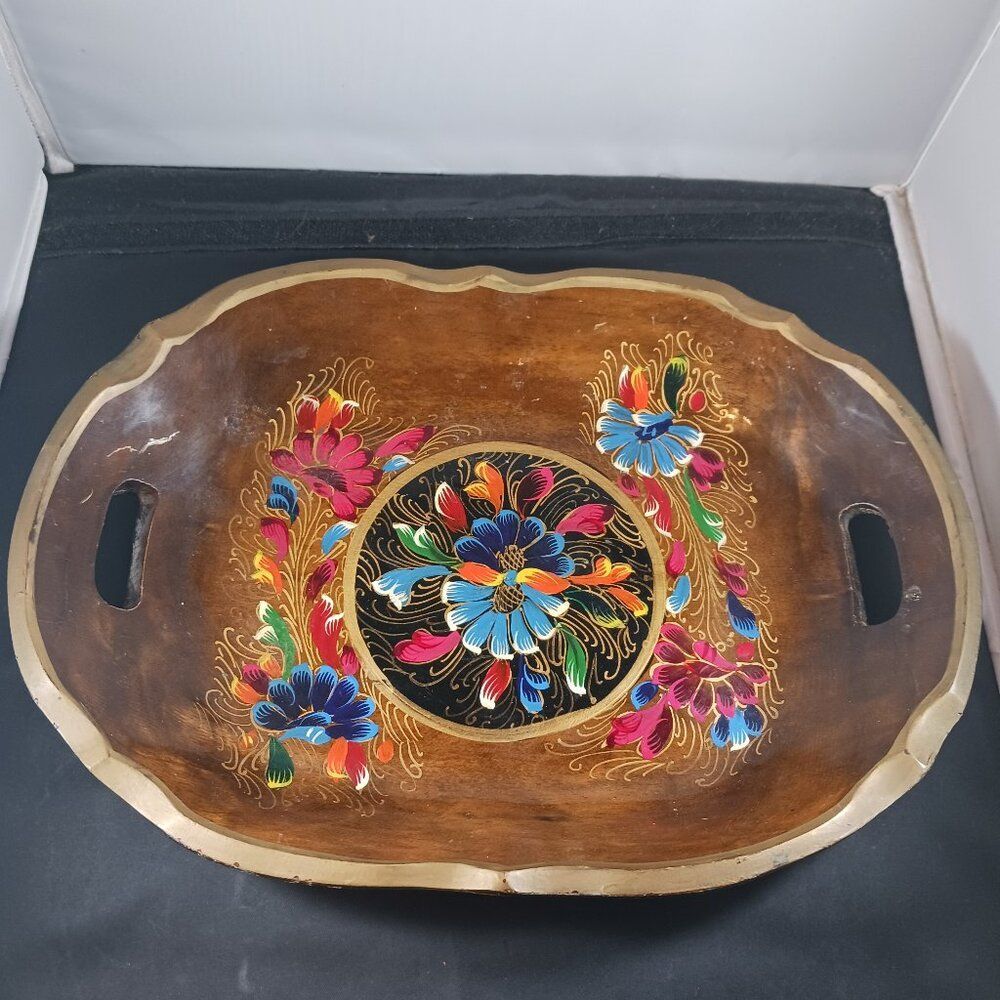 Vintage 70's Hand Painted Wooden Bowl Tray Floral Motif